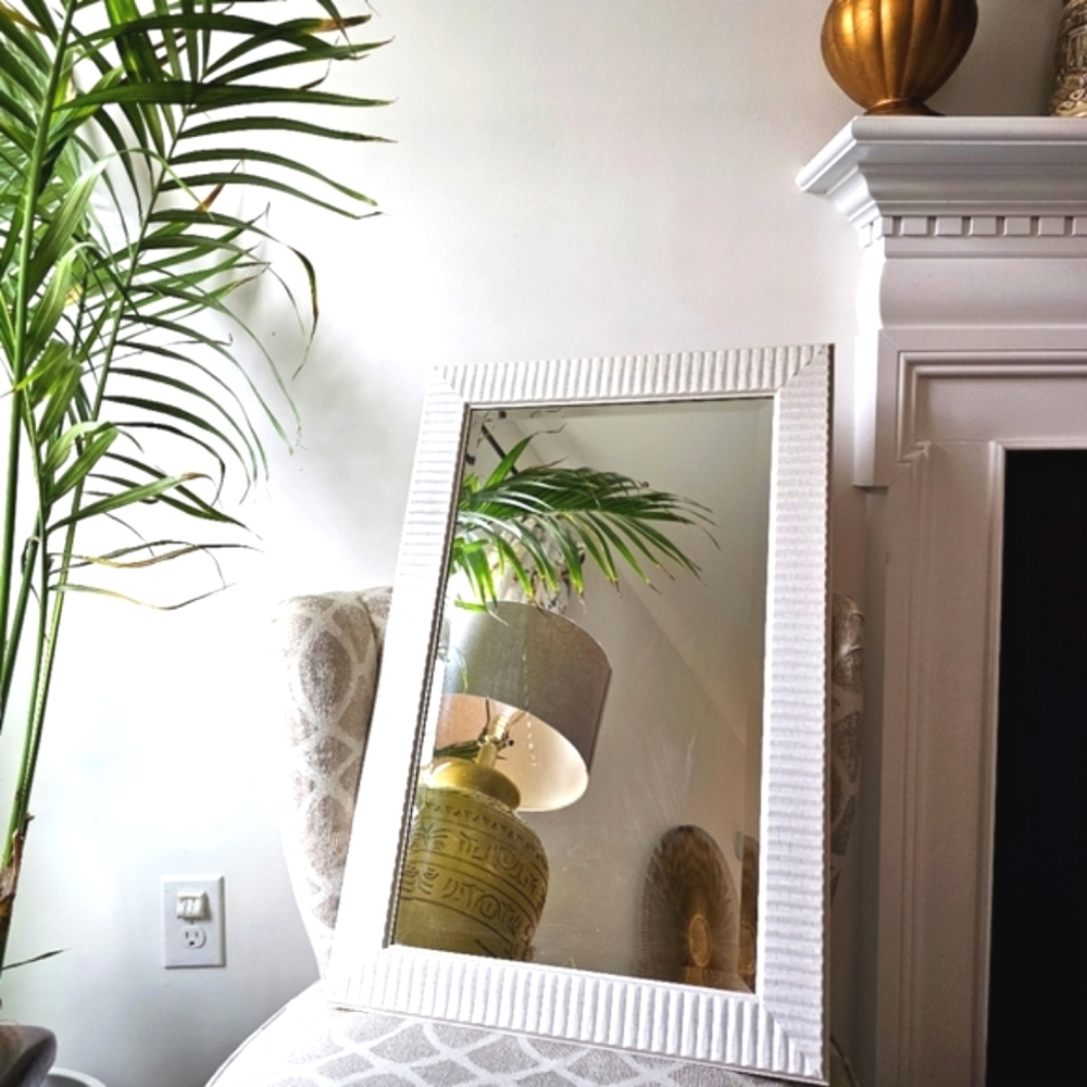 Glam White Beveled Mirror Vanity Fluted Wall Mirror 29.5" Bathroom Bedroom
